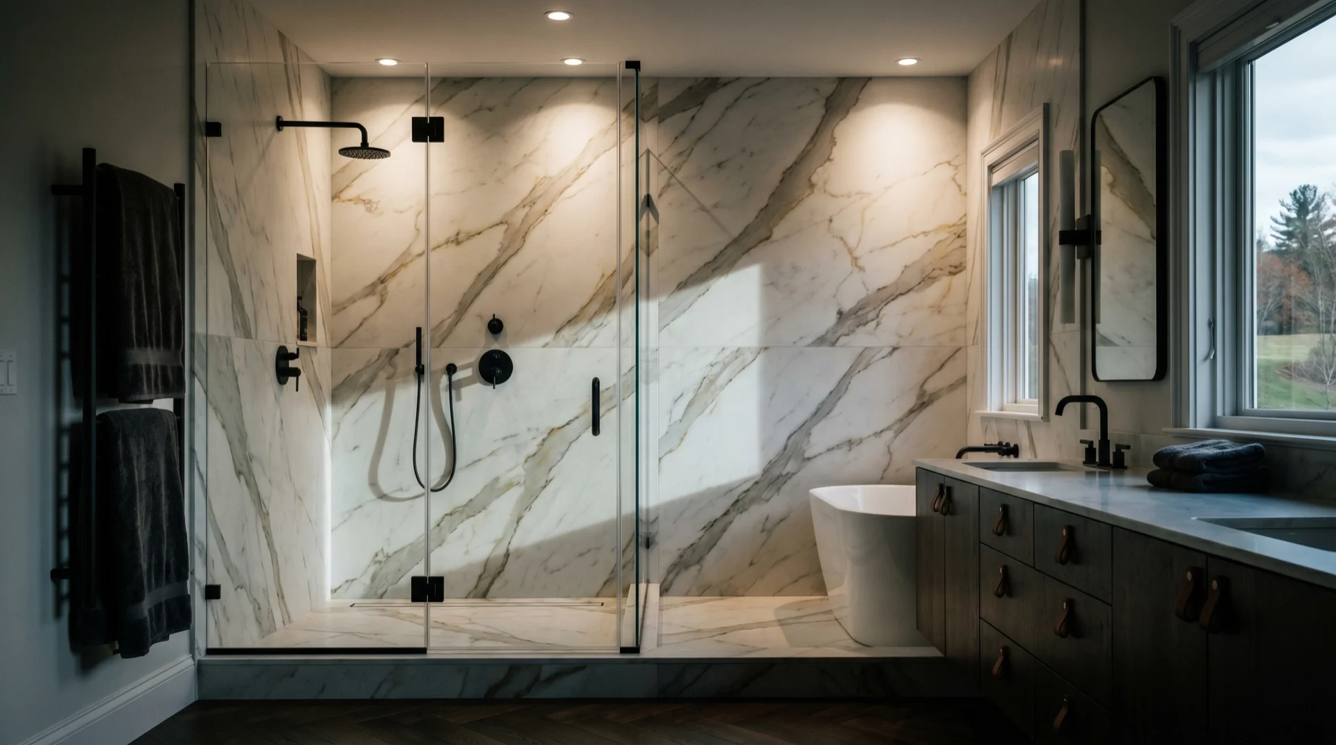 Remodeled bathroom with tiled shower and new vanity