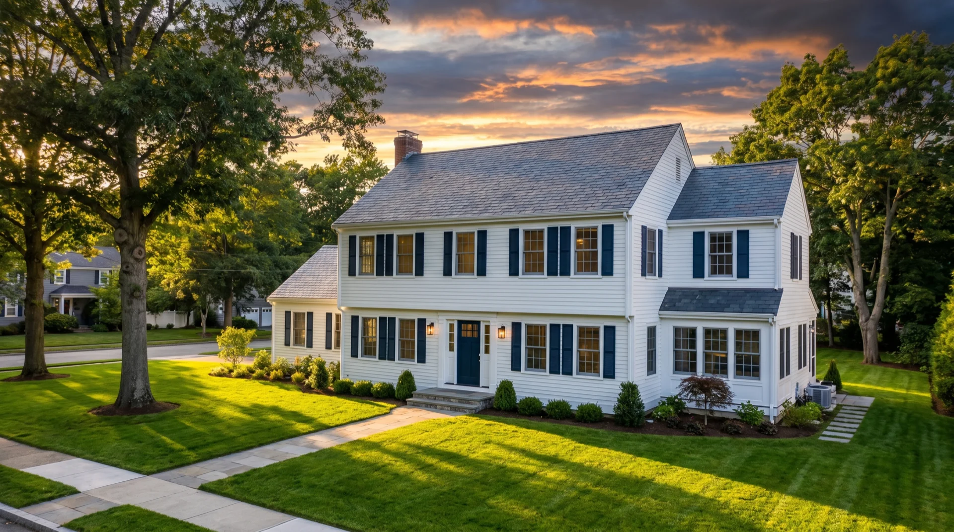 Exterior of a New England home with fresh paint and trim