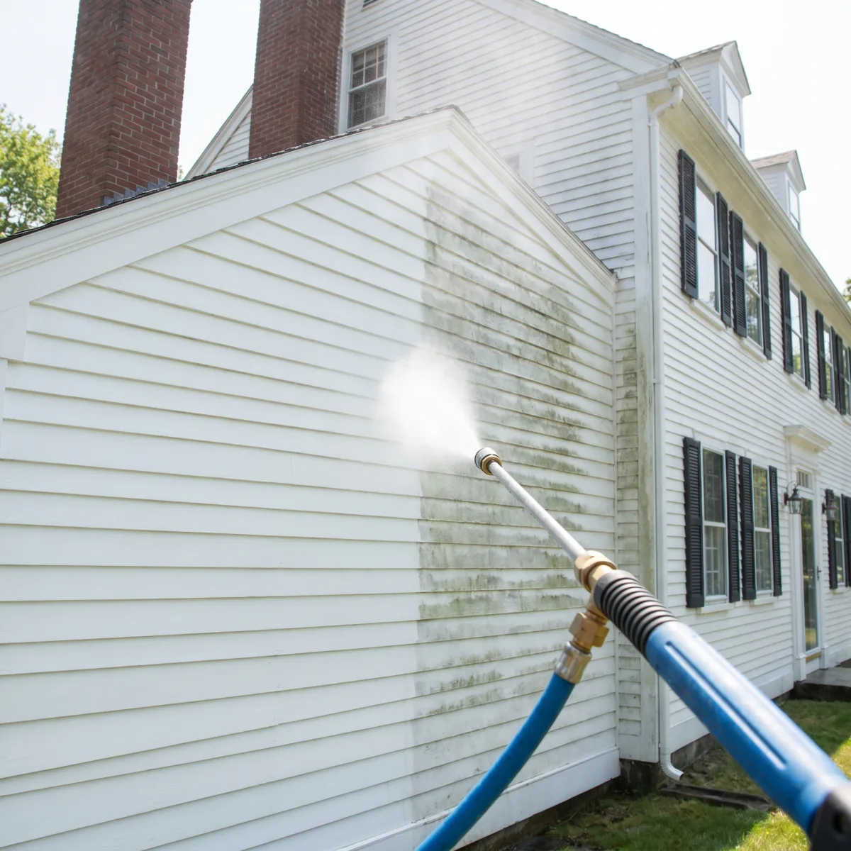 Power washing siding — before and after, Beverly MA